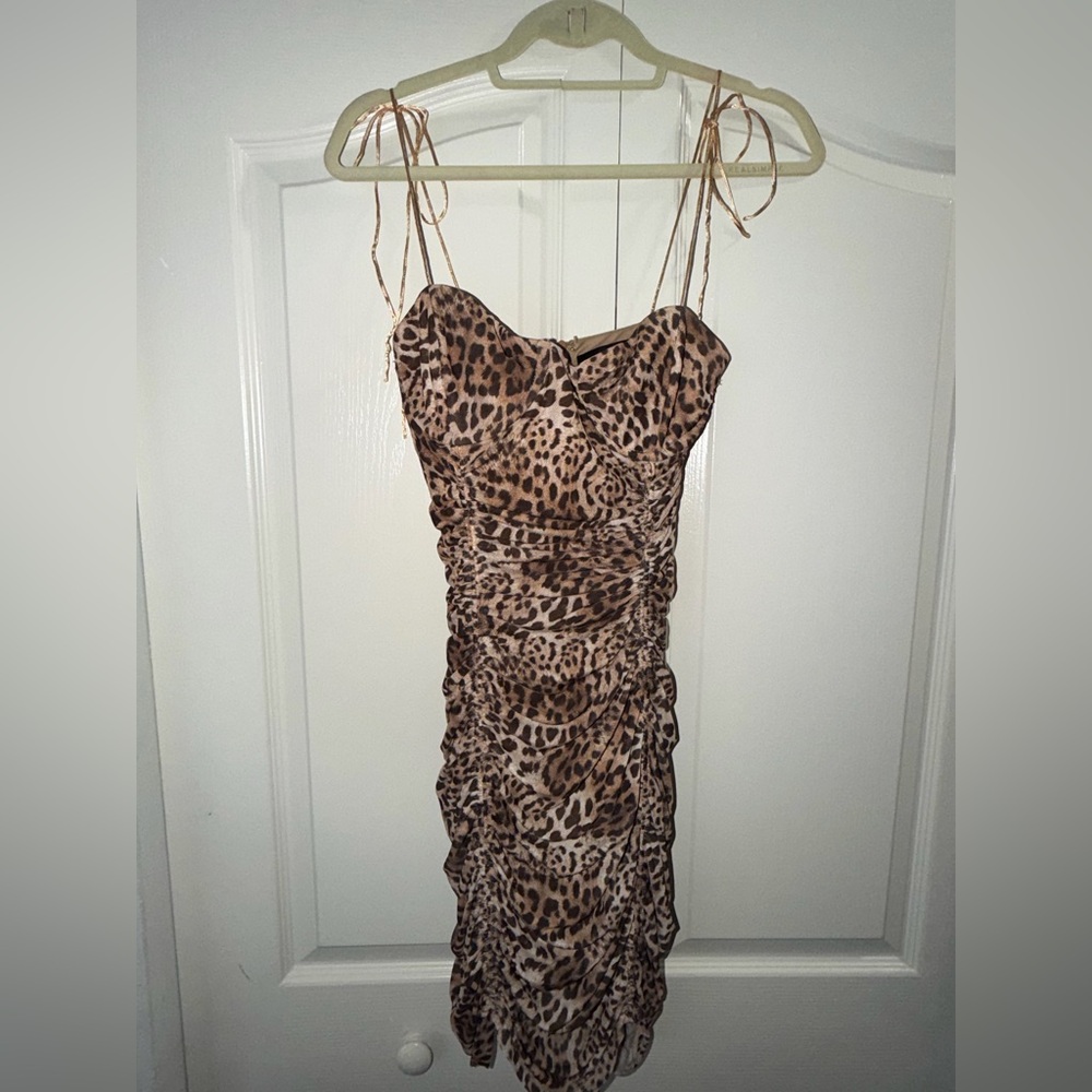 Leopard Print Tie-Shoulder Mini Dress - Brown/Tan